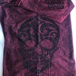 Affliction Burgundy V neck with skulls